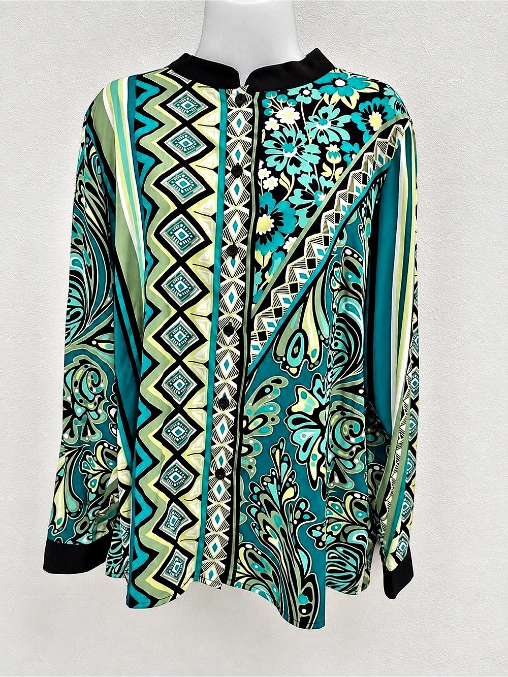 Bob Mackie Wearable Art Blouse XL Geometric Floral Paisley Print